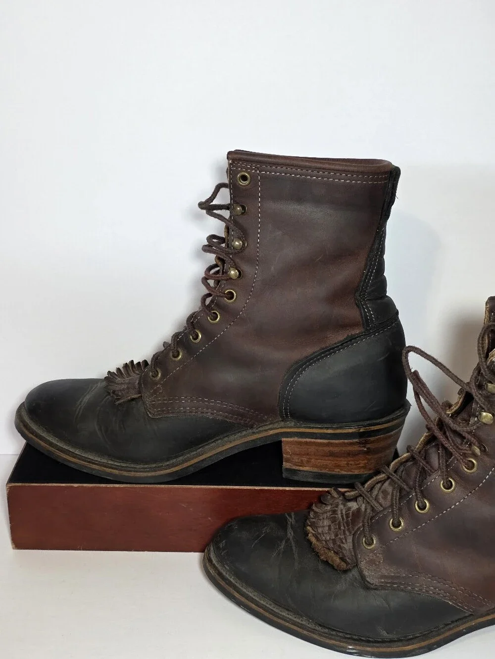 Santa Fe Boot Co Vintage Leather Logger Work Boots Brown Black Size 9 Vibram